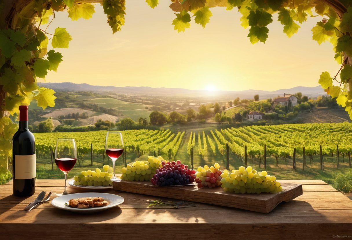 A picturesque vineyard landscape with lush grapevines under a golden sunset, featuring a rustic wooden table set elegantly with gourmet dishes paired with exquisite wine glasses. Include vibrant clusters of grapes, a wine bottle uncorked, and a charming local winery in the background. The scene conveys a sense of exploration and indulgence. super-realistic. warm colors. 3D.