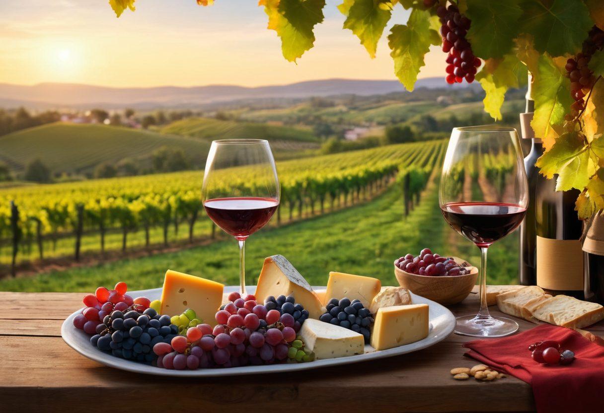 A vibrant vineyard landscape at sunset, with rolling hills and rows of grapevines, a wine glass filled with rich red wine in the foreground, and a diverse group of enthusiasts clinking their glasses together, surrounded by wine bottles and cheese platters. The scene evokes a sense of celebration and discovery in the world of wine. vibrant colors. super-realistic.