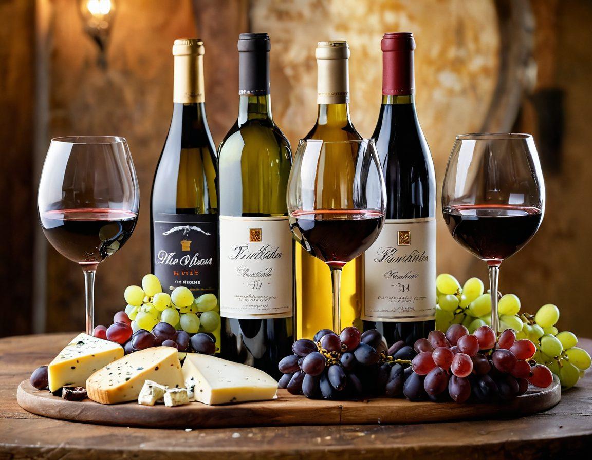 A beautifully arranged wine tasting table showcasing three distinct wine glasses filled with rich red wine, crisp white wine, and bubbly sparkling wine. Surrounding the glasses are fresh grapes, cheese platters, and elegant wine bottles with artistic labels. A warm, inviting ambiance with soft, natural lighting in the background enhances the scene, inviting the viewer to explore the world of wines. painting. vibrant colors.